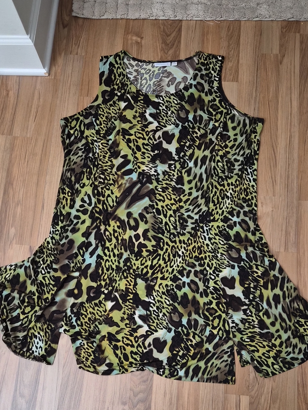 Susan Graver Green and Black Leopard Print Sleeveless A-line Dress